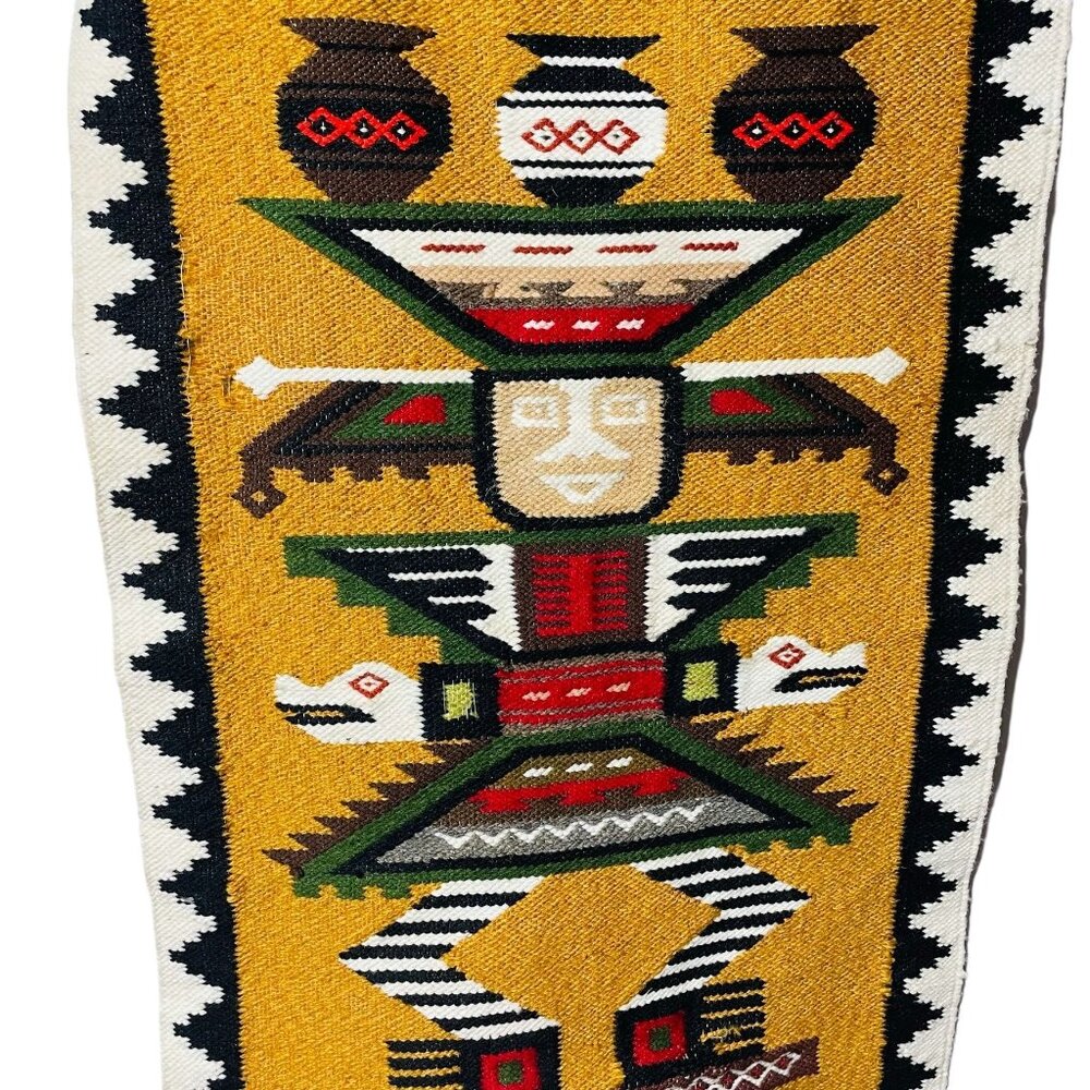 Vintage Aztec Mayan Rug Wall Hanging Mexico South American Warrior Tapestry  u